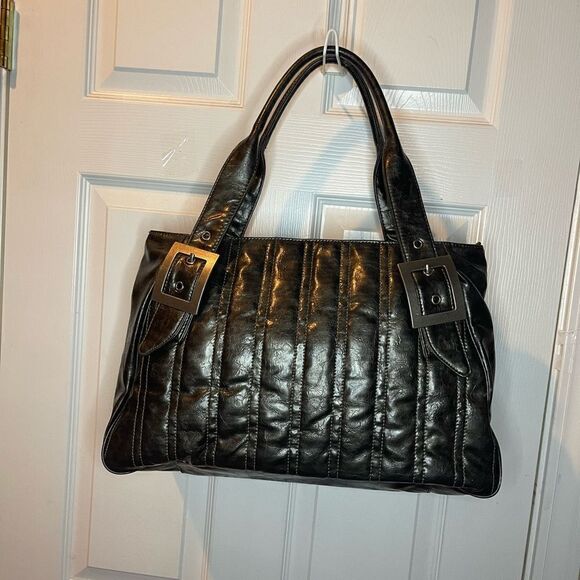 Shiralea metallic grayish bronze quilted faux leather large shoulder bag . - Picture 1 of 12